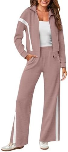 Women's Autumn and Winter 2 Piece Suit Color Block Sportswear Zipper Sweatshirt Wide Leg Sportswear