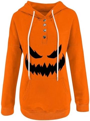 Women's Hooded Halloween 3D Printed Long Sleeved Button Up Hoodie Loose Casual Coat Ladies Sweatshirts plus