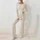 Women's Two Piece Knit Matching Outfits Crew Neck Slit Hem Tee and Pants Tracksuit Sets Duster Pants Set