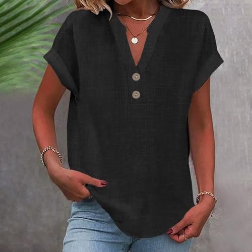 Women's Short Sleeve Tops Linen Shirts for Women Summer Casual V Neck Button Down Tops Trendy Comfy Blouses