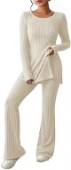 Women's Two Piece Knit Matching Outfits Crew Neck Slit Hem Tee and Pants Tracksuit Sets Duster Pants Set