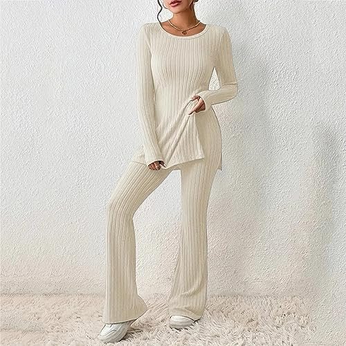 Women's Two Piece Knit Matching Outfits Crew Neck Slit Hem Tee and Pants Tracksuit Sets Duster Pants Set