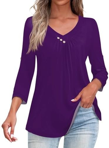 Cotton Tops for Women Loose Fit Loose Fit Dressy Fall 3/4 Sleeve Shirts Casual V Neck Dress Tunic Tops for Women