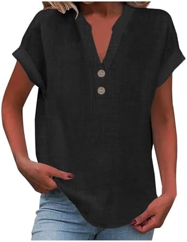 Women's Short Sleeve Tops Linen Shirts for Women Summer Casual V Neck Button Down Tops Trendy Comfy Blouses