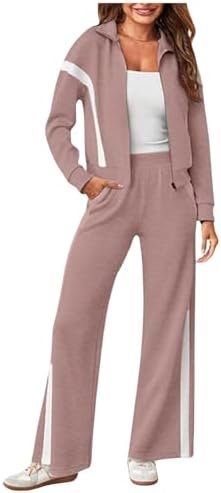 Women's Autumn and Winter 2 Piece Suit Color Block Sportswear Zipper Sweatshirt Wide Leg Sportswear