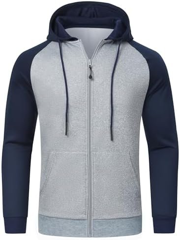 Men's Full Zip Hooded Sweatshirt Contrast Color Jacket Hoodies with Kangaroo Pockets