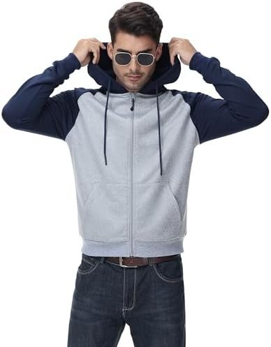 Men's Full Zip Hooded Sweatshirt Contrast Color Jacket Hoodies with Kangaroo Pockets