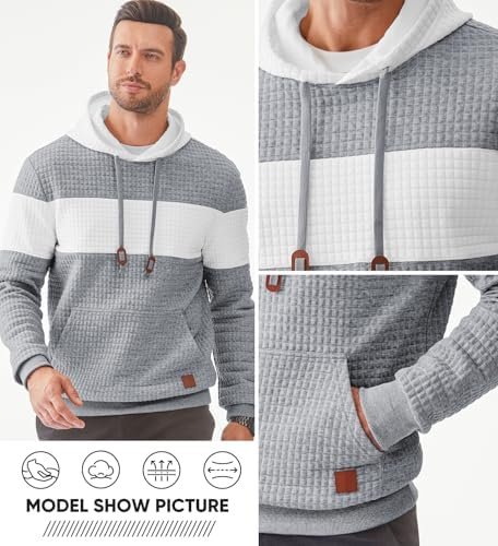 Mens Hooded Sweatshirt Lightweight Waffle Casual Long Sleeve Drawstring Color Block Knit Pullover with Kanga Pocket